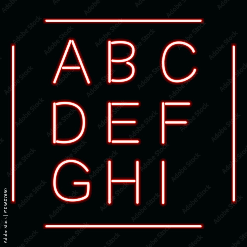Neon glow alphabet. Vector design retro neon font