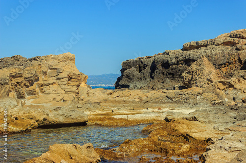 Beautiful and calm retreat at Mallorca coast, sandstone rocks at Llucmajor coastline, Balearic Islands