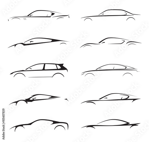 Concept supercar, sports car and sedan motor vehicle silhouette collection set on white background. Vector illustration. photo