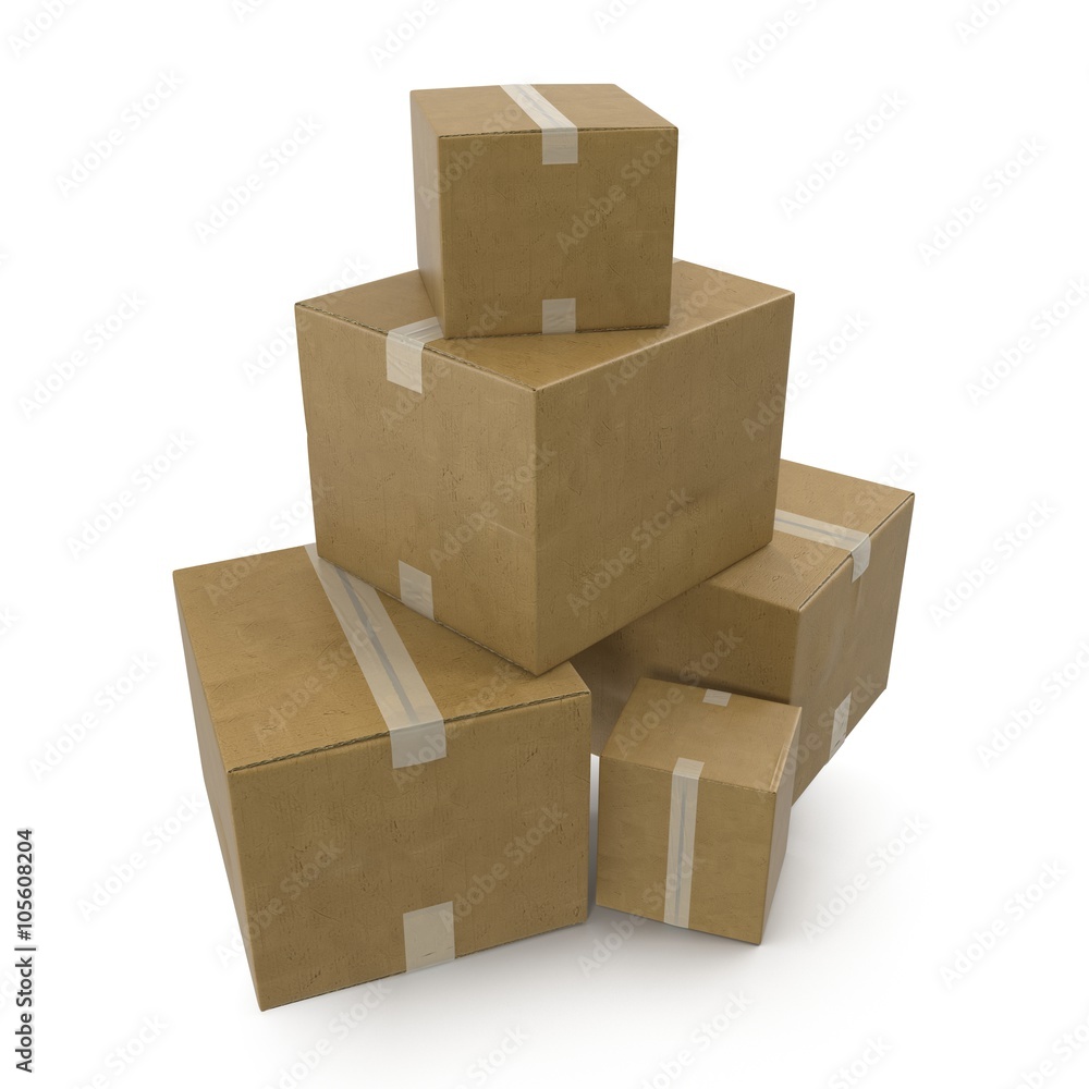Stacks of cardboard boxes isolated on white.