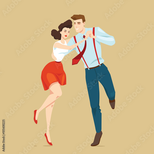 Young couple dancing lindy hop, vector illustration in retro style