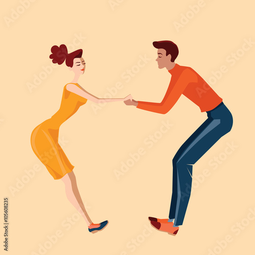 Young couple dancing lindy hop on a beige background, vector illustration in a flat style
