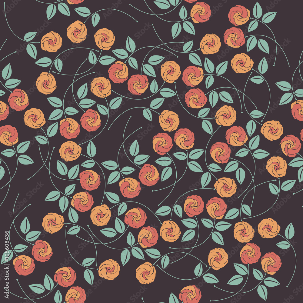 Stylish seamless pattern with colorful roses on purple backgroun