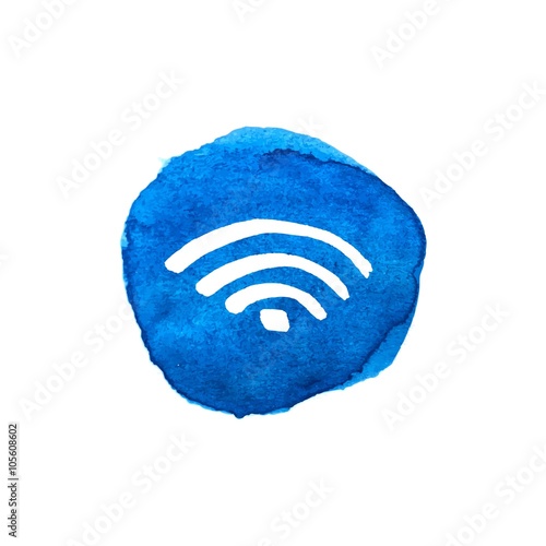 Wireless network symbol on bright blue watercolor spots for your design. Original abstract wi-fi icon. Internet theme. Vector