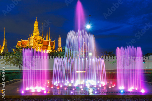 Fountain night light of landmark of Sanam Luang and Wat Phra Kaew a beautiful backdrop, Bangkok, Thailand