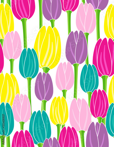 colorful tulips on white background seamless vector pattern