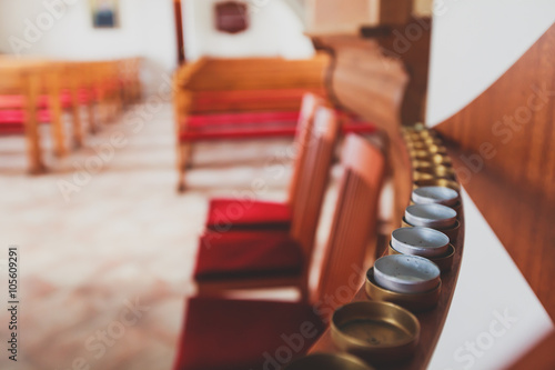 Fotografi A classic catholic lutheran small church interior with no people inside