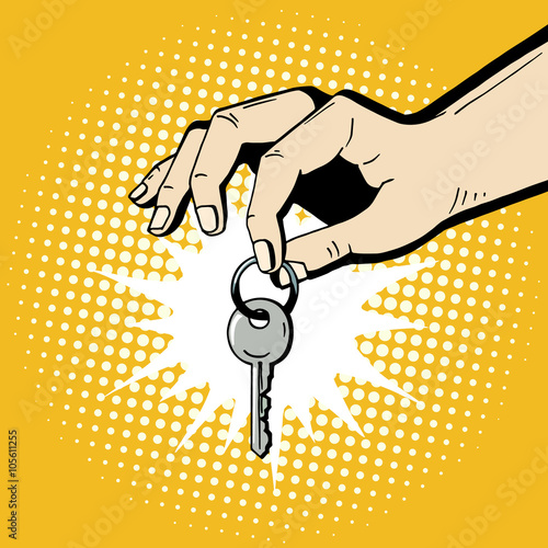 Pop art hand holding a house key. Comic hand drawn romantic illustration - man makes a present. Vector isolated on yellow halftone background.