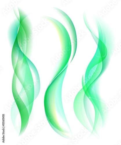 Smooth green smoke isolated on white background. Collection of smoke rule lines. Abstract smoke and wave background with bokeh. Template for banner, flyer. Vector Illustration