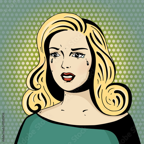 Pop art beautiful woman crying. Cartoon blonde hollywood movie star. Vintage advertising poster about relationships. Comic hand drawn vector illustration.