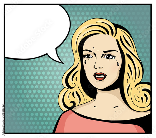 Pop art beautiful woman crying. Cartoon blonde hollywood movie star with speech bubble and blank space for text. Vintage advertising poster about relationships. Comic hand drawn vector illustration.
