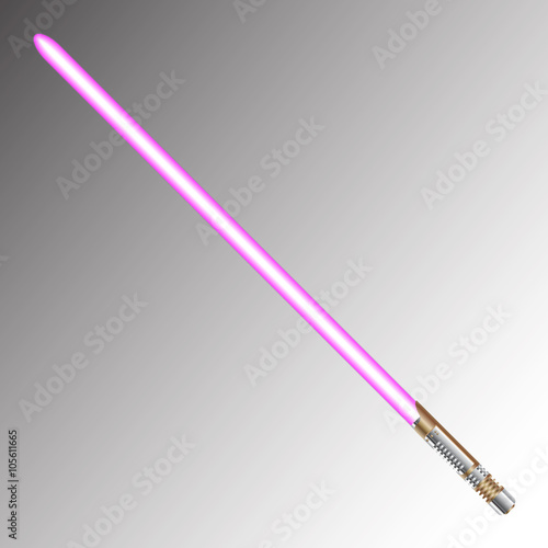 Realistic Light saber blade. Energy sword with Metal effect colours. Futuristic science fiction energy weapon, laser sword for design projects. Isolated on vector dark background.