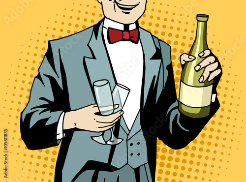Pop art waiter with champagne and wineglasses at work. Comic styled man prepare for celebration. Retro styled vector illustration.