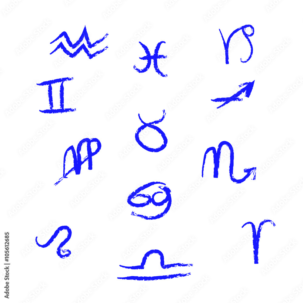Fototapeta premium Collection of zodiac signs, hand drawn with ink brush. Vector graphics set.