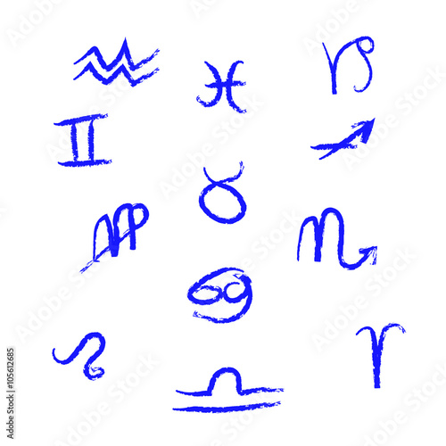Collection of zodiac signs, hand drawn with ink brush. Vector graphics set.