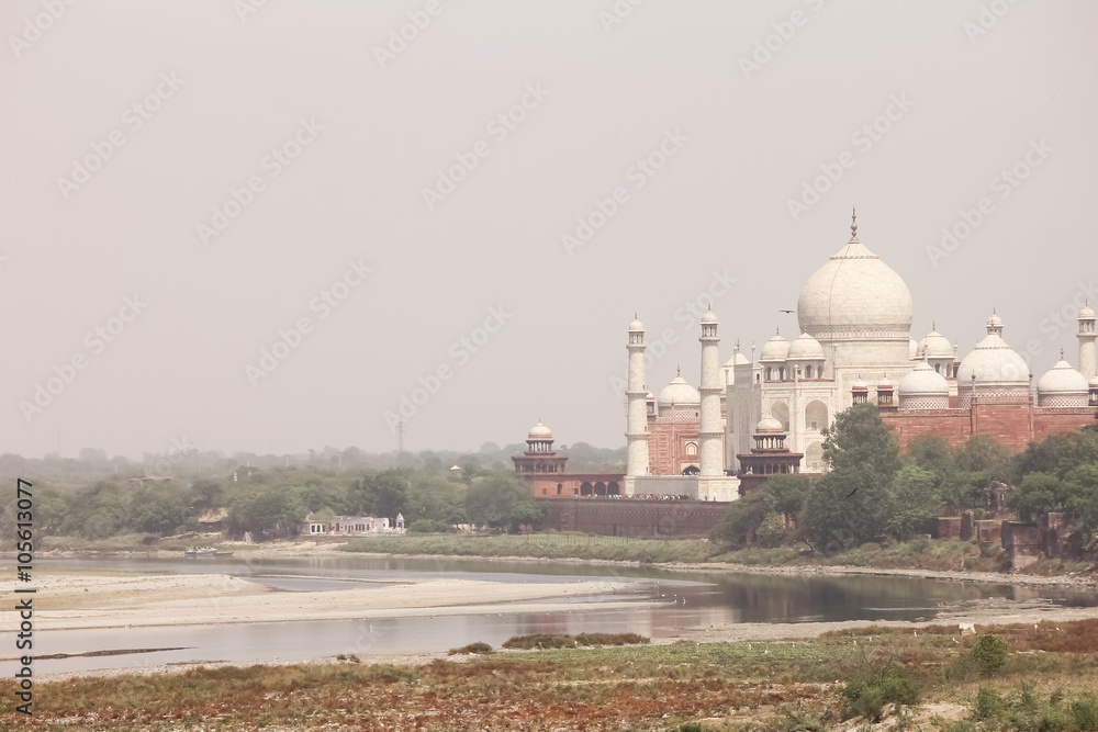 Beautiful monument Taj Mahal on bank of river Yamuna