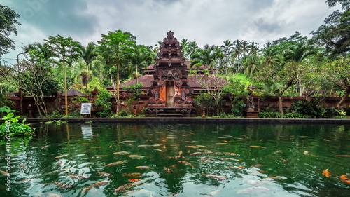 4K Timelapse. Fish pond on the background of the temple. 15 July 2015, Bali, Indonesia photo