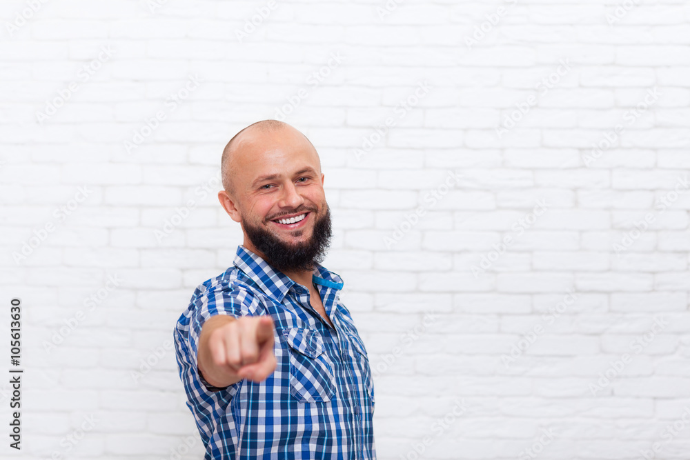 Casual Bearded Business Man Smiling Point Fingers At You Casual Bearded Business Man Smiling Point Fingers At You