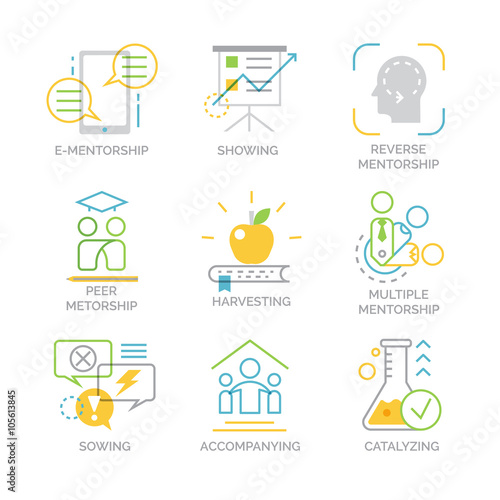 Vector set icons related to types and techniques of mentorship.
