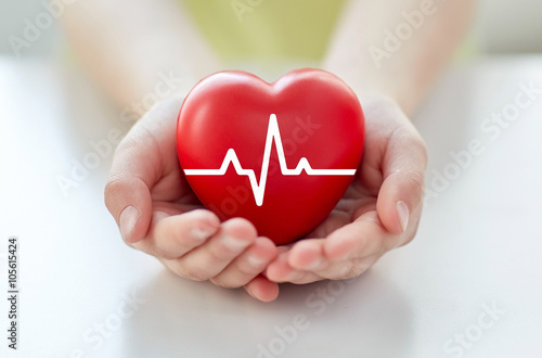 close up of hand with cardiogram on red heart