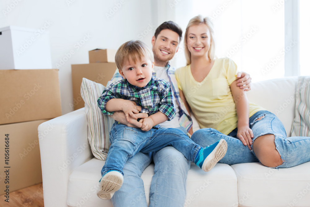 happy family with boxes moving to new home happy family with boxes moving to new home