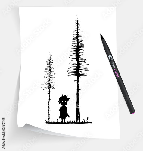 Illustration of the little boy in forest at night