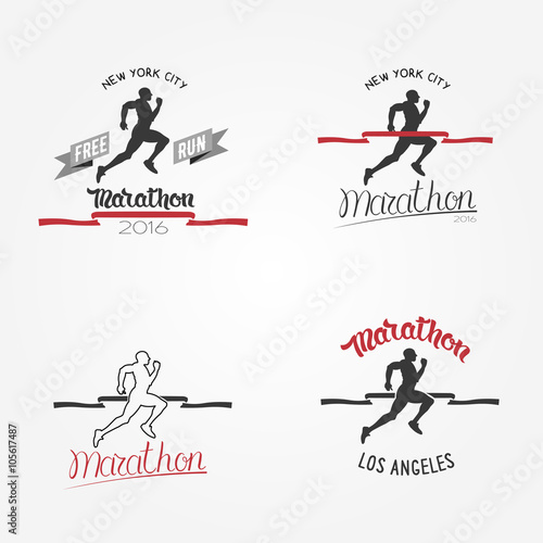 Set of marathon logotypes, long distance running and competition