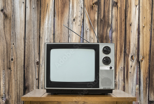 Vintage Television with Table with Rustic Wood Wall