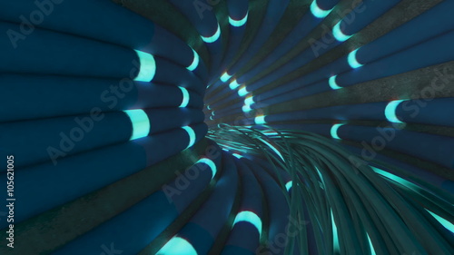 Fibre Optic type cables running on the inside of a tube, twisting and turning in a looping animation with an extra bundle of twisted wires following the bottom of the tunnel. photo