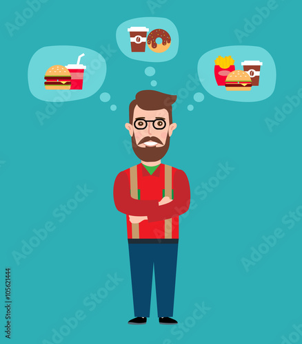 young bearded man hipster thinking about tasty fast food burger coffee drink donut fries hamburger.