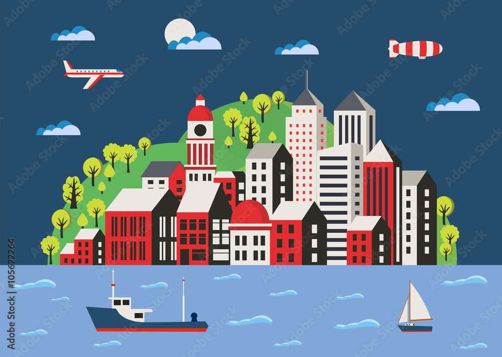 City illustration in a flat style of the buildings, houses, skyscrapers. For decoration and creativity in urban and industrial design theme.