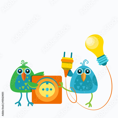 Two Birds Sitting Hold Socket Outlet Plugging Light Bulb Connection Concept Flat