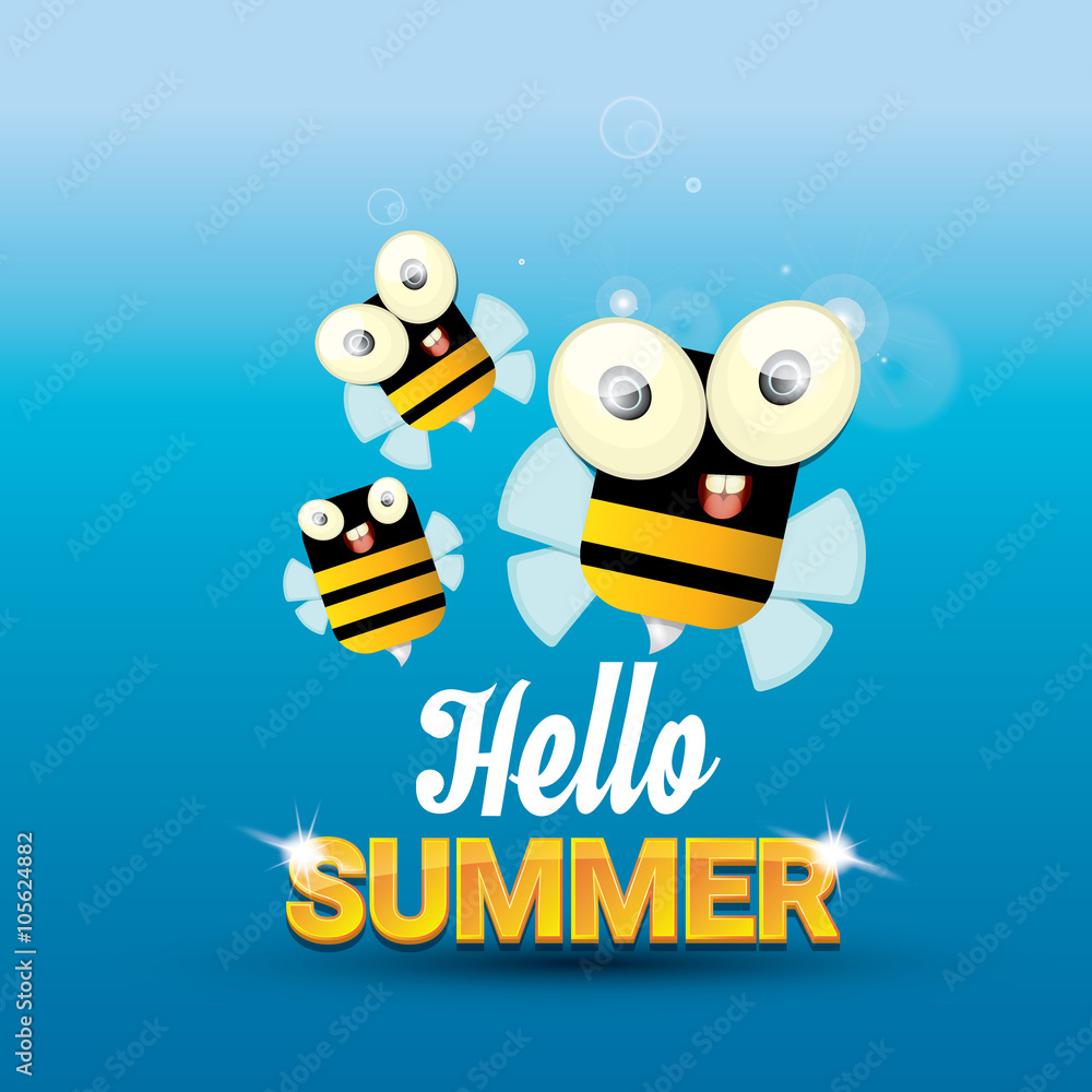 Hello summer vector background. funny cartoons bee