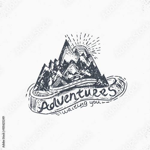 Hand-Drawn vintage lettering label with mountains, forest and su