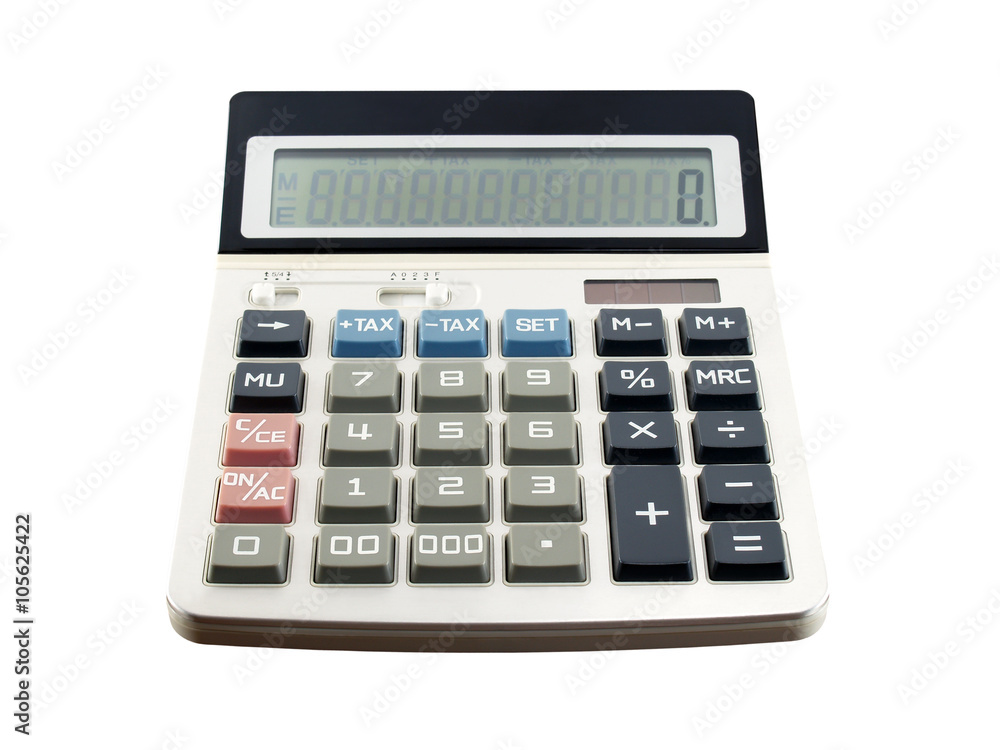 single white digital calculator with blue tax calculate button and zero number on screen isolated on white background, solar power office supplies for calculating in business finance or education single white digital calculator with blue tax calculate button and zero number on screen isolated on white background, solar power office supplies for calculating in business finance or education