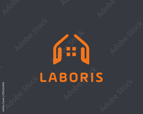 Abstract house hands logo design template. Premium real estate sign. Universal protection care home realty business vector icon. Negative space idea logotype