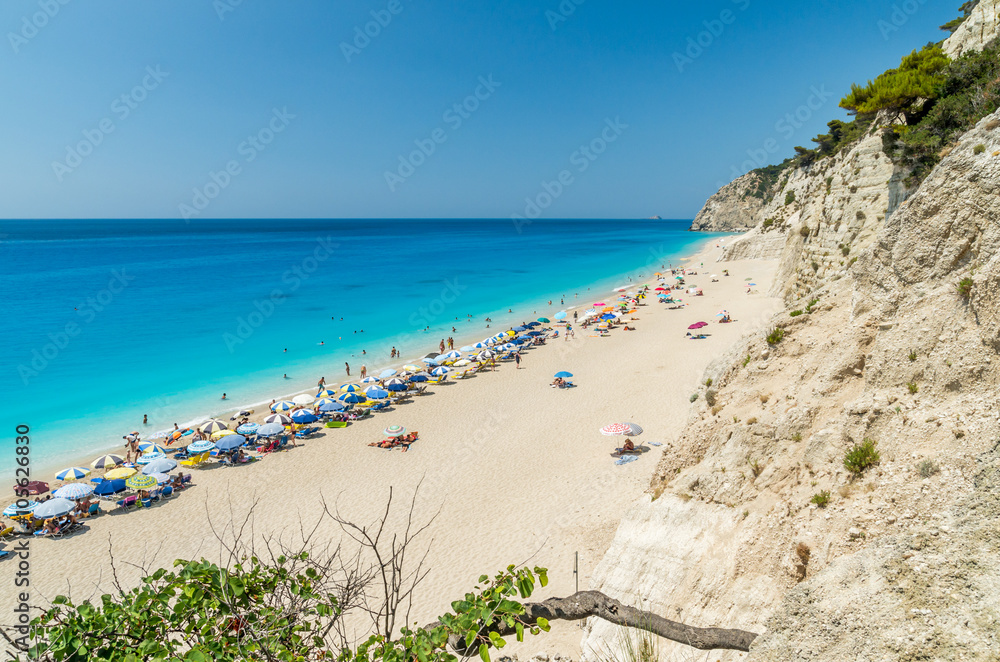 Egremni beach, Lefkada island, Greece. Large and long beach with turquoise water on the island of Lefkada in Greece