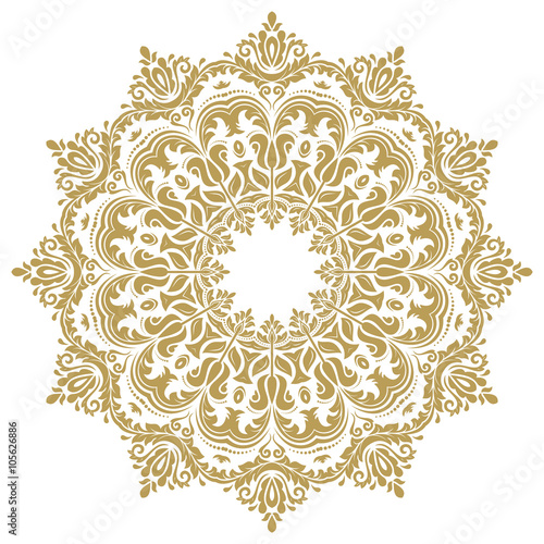 Oriental vector pattern with arabesques and floral elements. Traditional classic golden round ornament