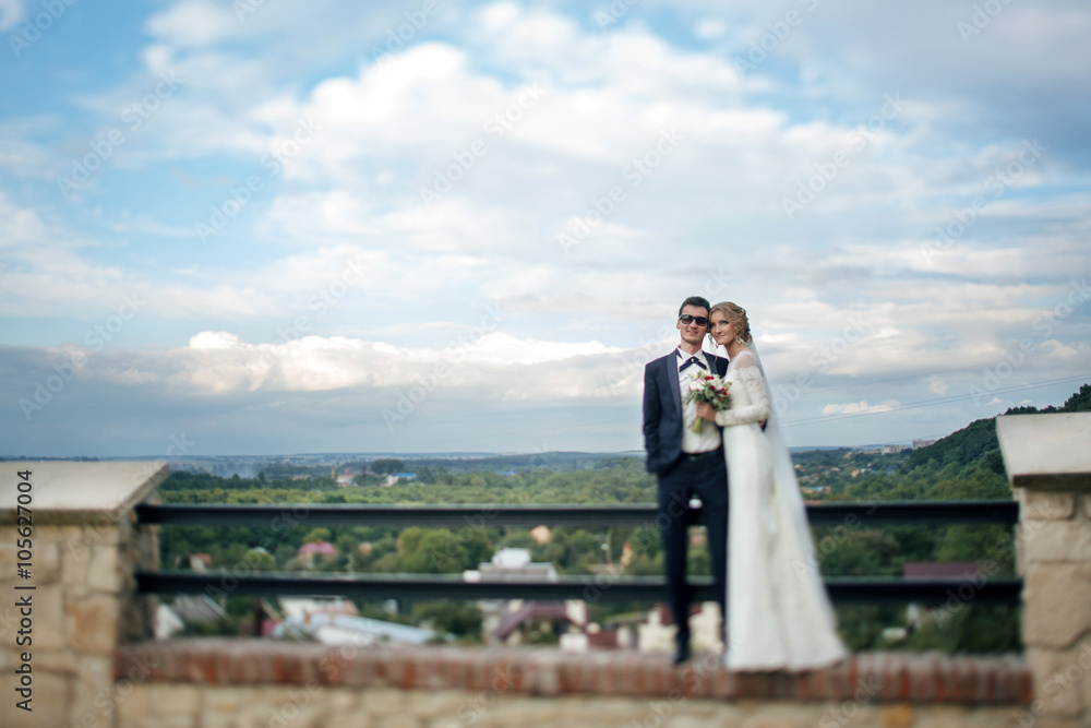 Obraz premium Romantic couple hugging on roof, forest background
