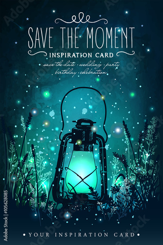 Amazing vintage lanten on grass with magical lights of fireflies at night sky background. Unusual vector illustration. Inspiration card for wedding, date, birthday, tea or garden party photo