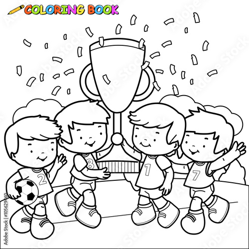 Soccer player boys cheering and holding the championship trophy at the football field. Vector black and white coloring page.