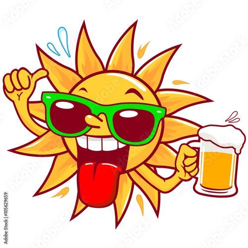 Cartoon sun with sunglasses drinking beer. Vector Illustration 