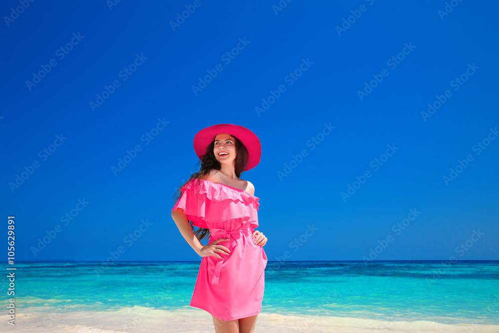 Fashion Summer Girl portrait. Happy woman enjoying on the sea, b Fashion Summer Girl portrait. Happy woman enjoying on the sea, b