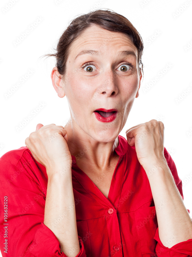 winning concept - bubbly young woman gesturing, expressing amazing victory with mouth and eyes open, white background winning concept - bubbly young woman gesturing, expressing amazing victory with mouth and eyes open, white background