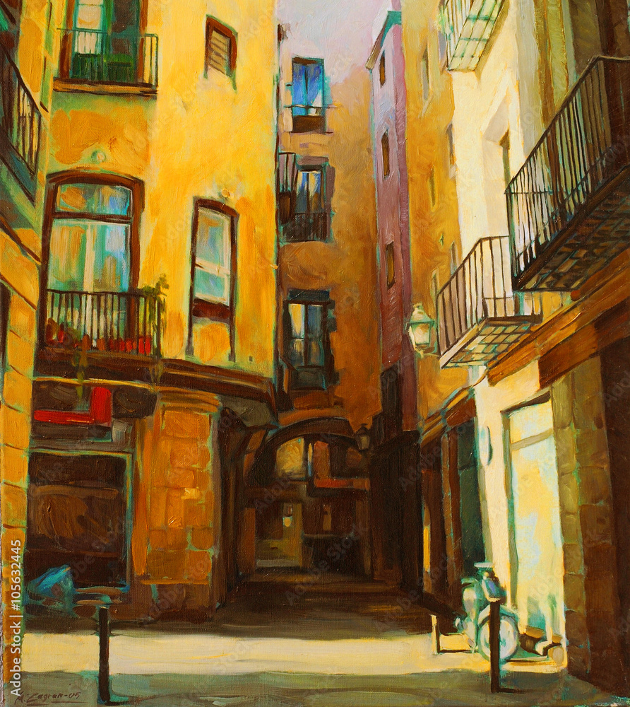 city landscape of old Barcelona, oil on canvas, illustration