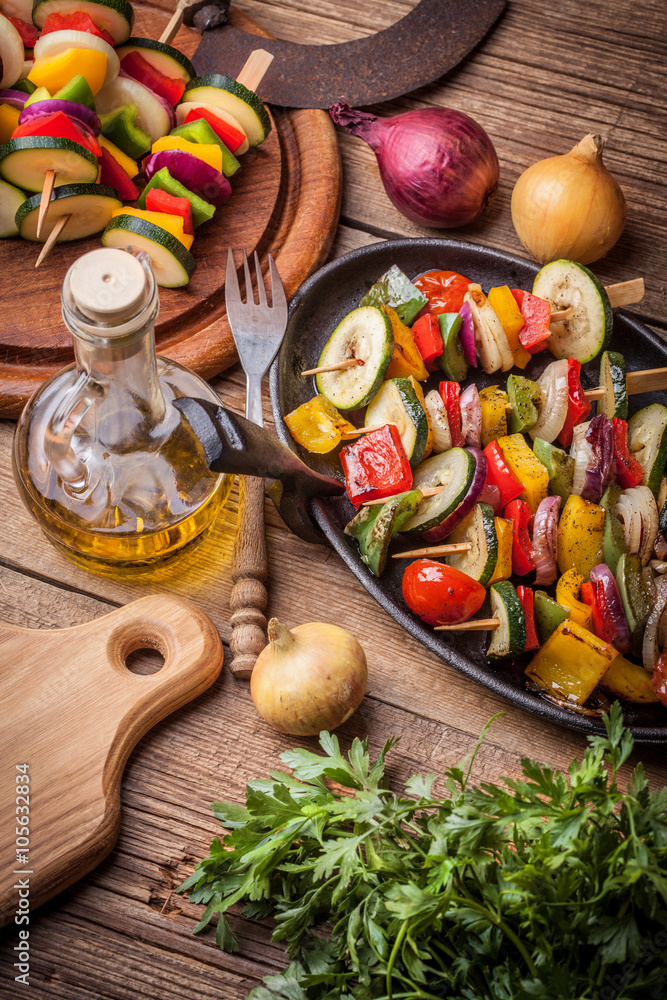 Grilled vegetable skewers. Grilled vegetable skewers.