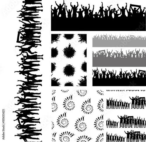 Big set of seamless repeating patterns of crowds and people silhouettes