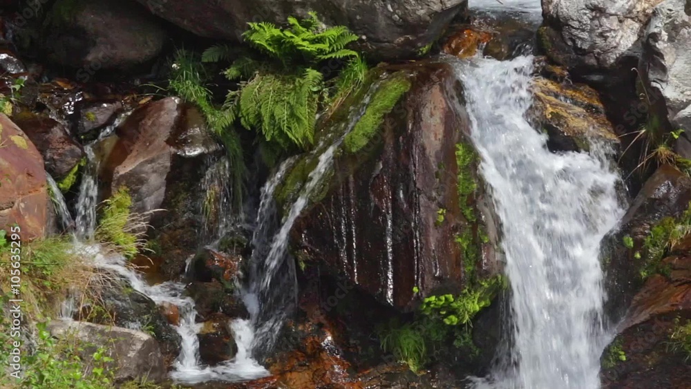 Detail waterfall on a mountain river with lush vegetation in the Pyrenees of Catalonia. Detail waterfall on a mountain river with lush vegetation in the Pyrenees of Catalonia.