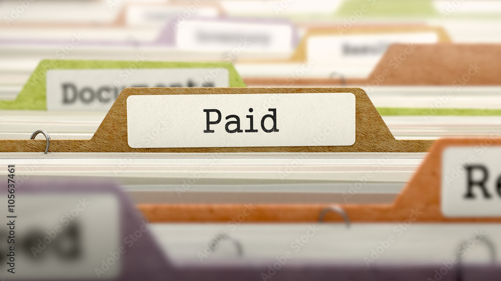 Paid Concept on Folder Register in Multicolor Card Index. Closeup View. Selective Focus. 3D Render. Paid Concept on Folder Register in Multicolor Card Index. Closeup View. Selective Focus. 3D Render.