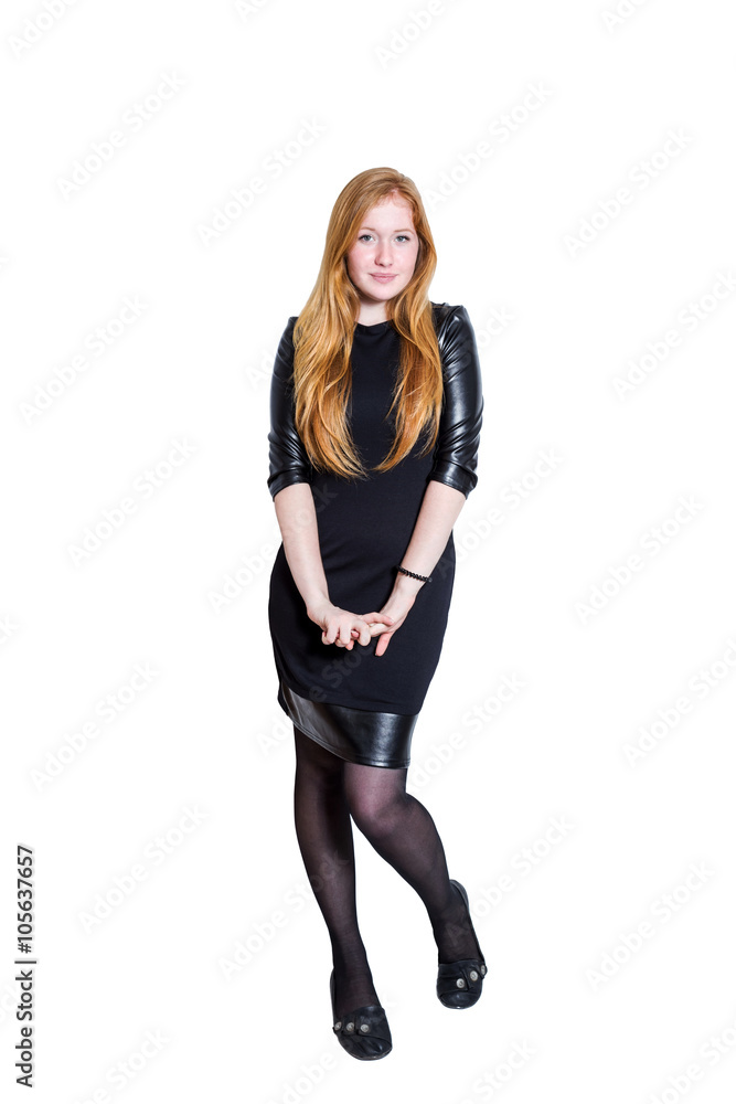 Red haired girl in black dress isolated on white background Red haired girl in black dress isolated on white background